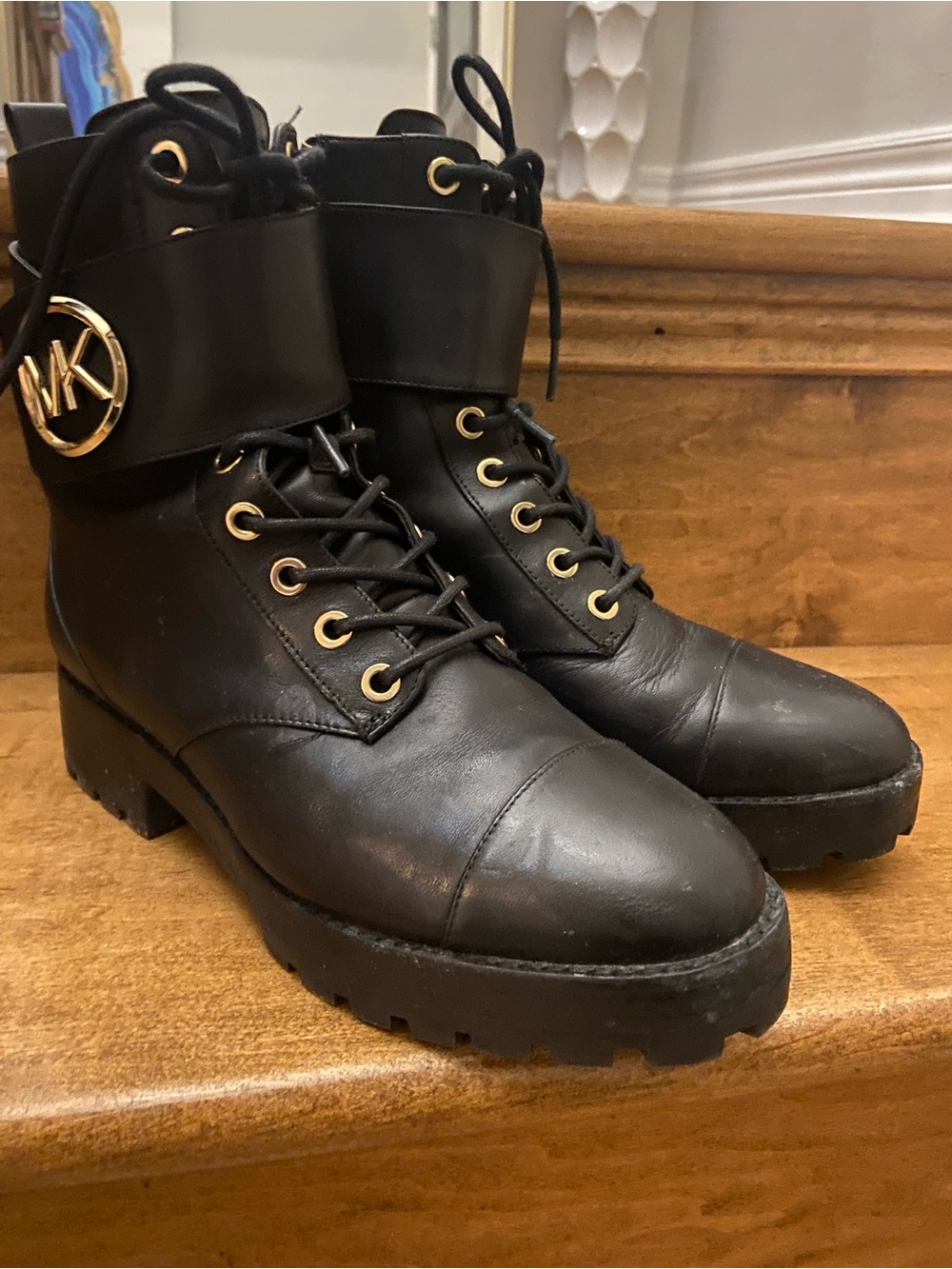 Michael Kors Black Leather Lace-Up Combat Boots with Gold MK Emblem